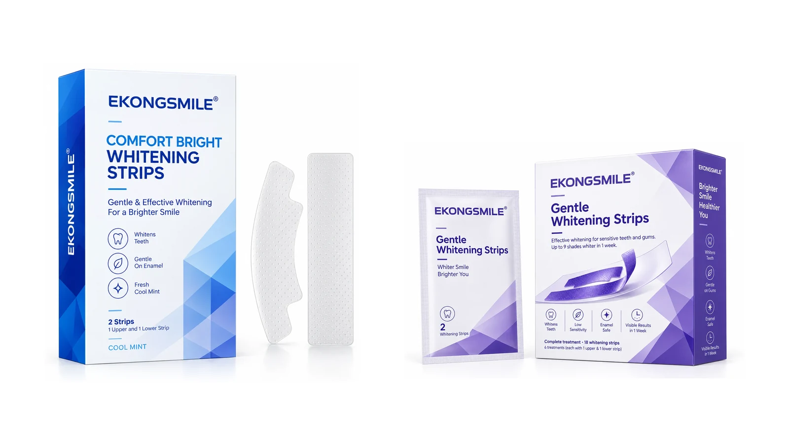 EKONGSMILE blue and purple private-label teeth whitening strips packaging and individual sachet examples