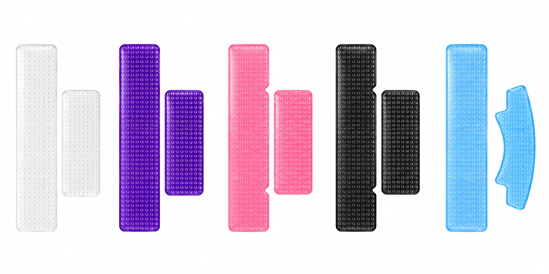 Transparent, purple, pink, black and blue teeth whitening strip color and shape options