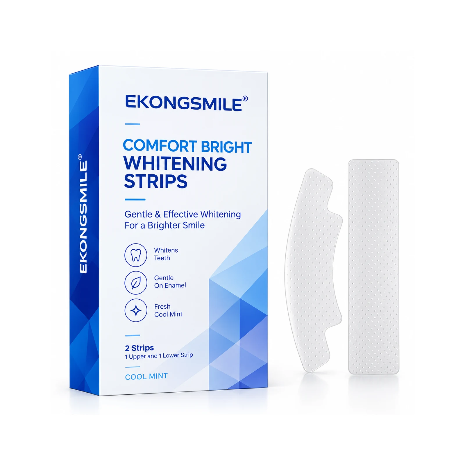 Blue EKONGSMILE teeth whitening strips box and strips