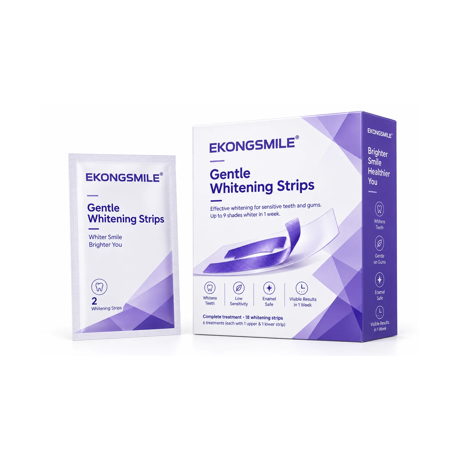 Purple EKONGSMILE teeth whitening strips box and sachet