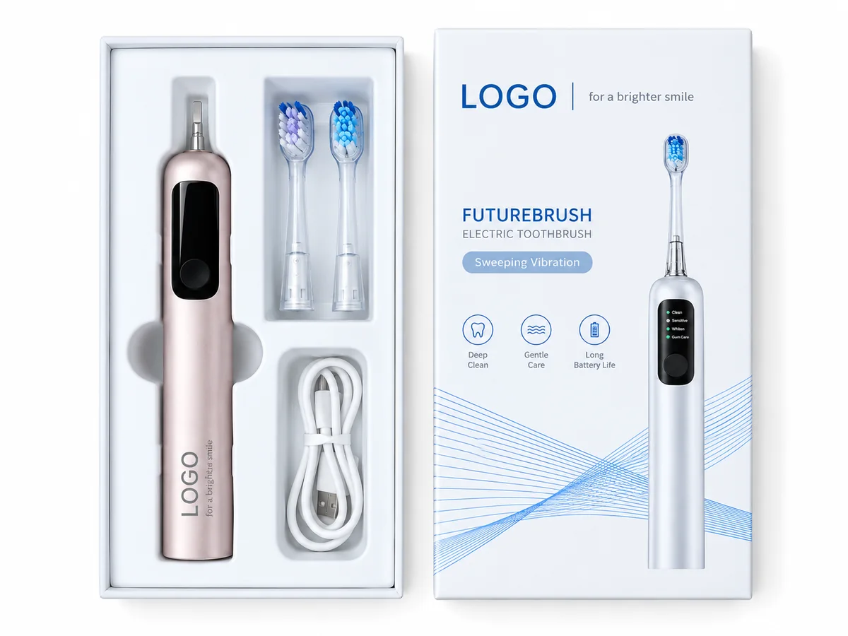 Private-label electric toothbrush packaging and accessory presentation example